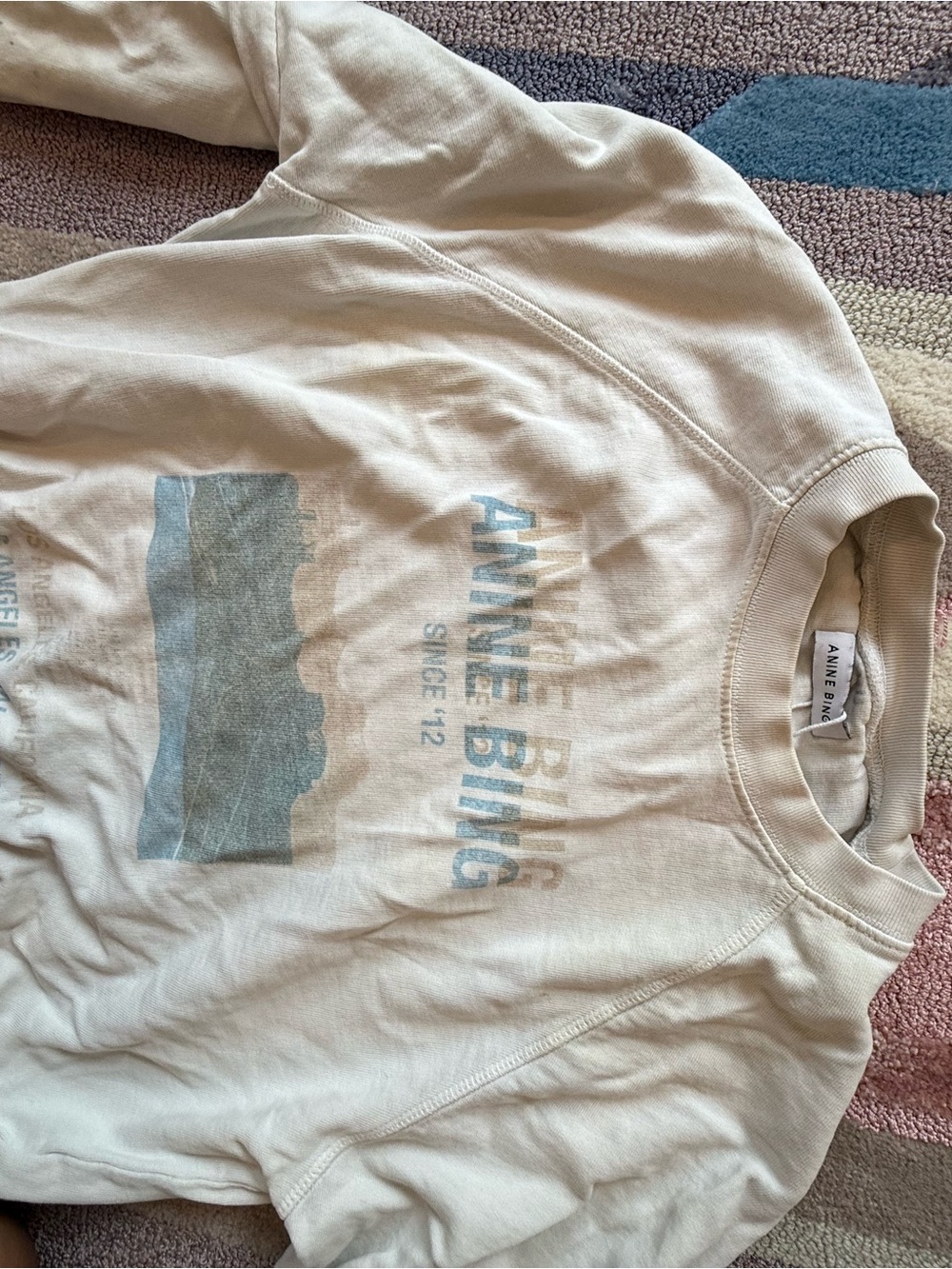 Anine Bing Cream Crewneck Sweatshirt with Pale Blue Graphic